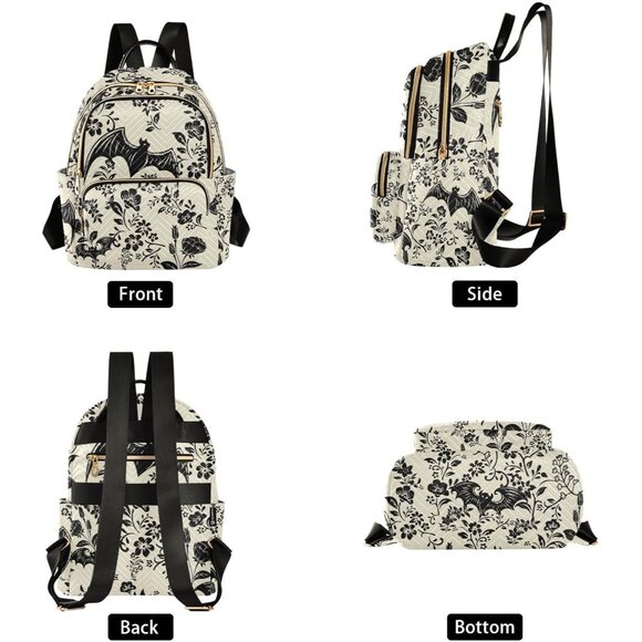 Goth Bat Flowers Quilted Small Backpack Water Resistant Casual Daypack - Picture 2 of 7